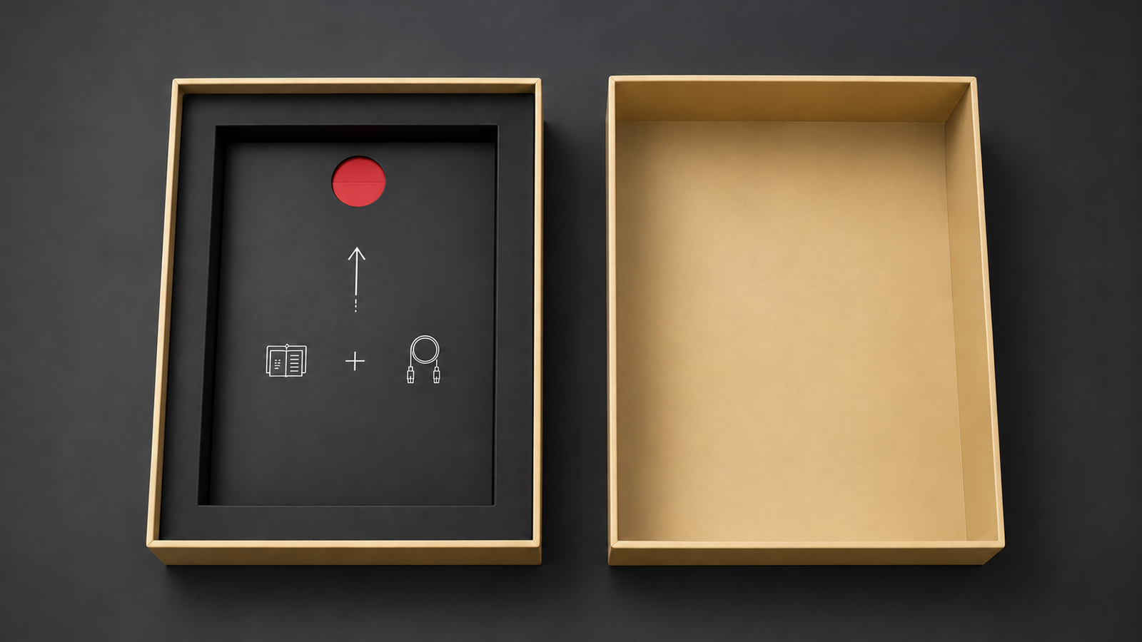 Open packaging set with black paper insert and red circular opening